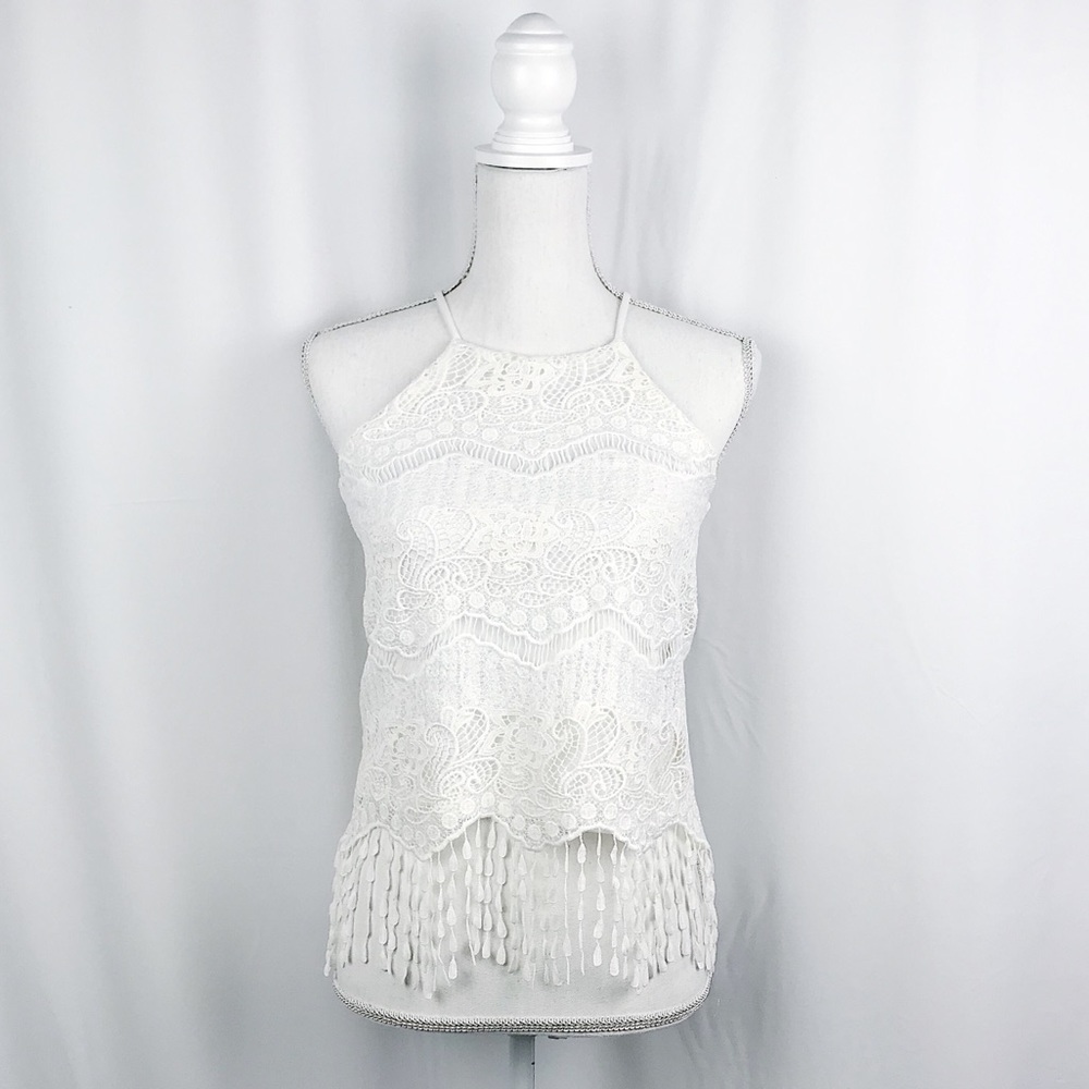 NWOT Monteau Girl White Lace Fringe Crop Top - Picture 1 of 7